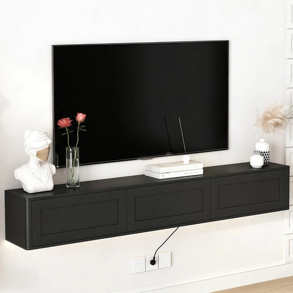 HIUU 68" Black TV Stand with Storage,Floating TV Stand Wall Mounted with 3 Drawers,Minimalist TV Stand with Led Lights and Power Outlet,Wood TV Console for Living Room