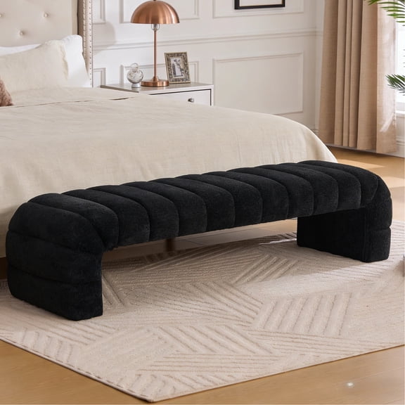 HIUU 70"Black Bench for Bedroom,Bed Benches for Foot of Bed with Streamline Design,Fabric Ottoman Bench with Soft Teddy Fabric,Modern Bedroom Benches for Living Room and Bedroom, Entryway
