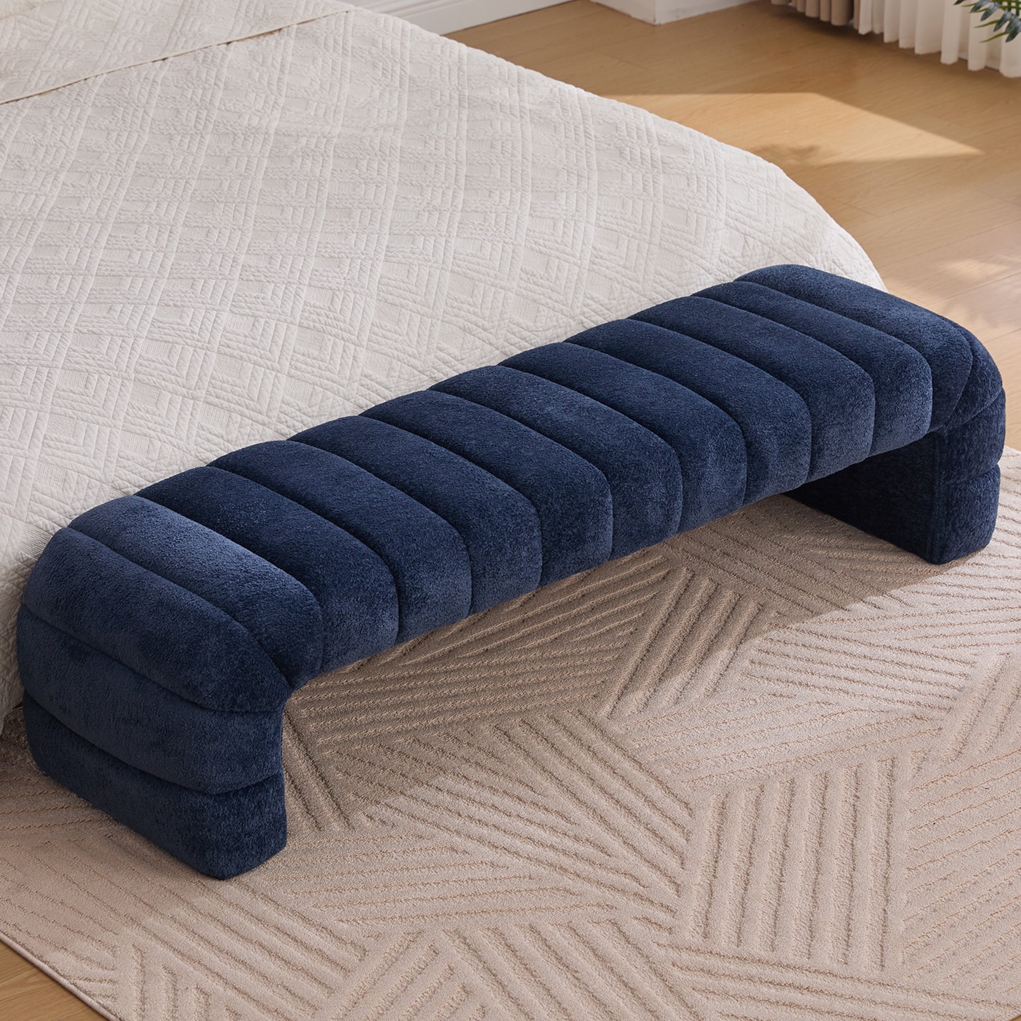 HIUU 70"Blue Bench for Bedroom,Bed Benches for Foot of Bed with Streamline Design,Fabric Ottoman Bench with Soft Teddy Fabric,Modern Bedroom Benches for Living Room and Bedroom, Entryway