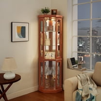 HIUU 70"H Lighted Corner Curio Cabinet,Dark Oak Corner Display Cabinet with Glass Doors,Lighted Curio Cabinet with Adjustable Shelves,Tall Cabinet with Glass Mirrored Back for Living Room