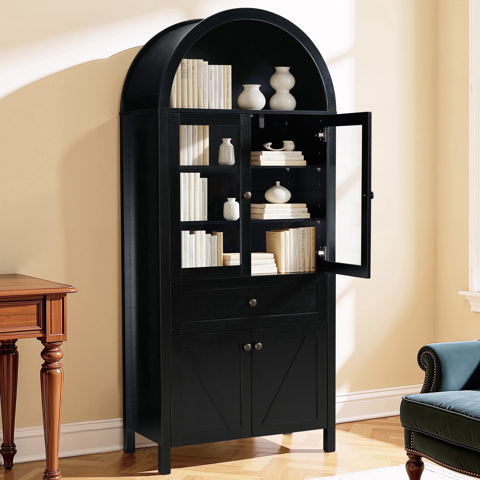 HIUU 70"Tall Black Cabinet with Doors,Arched Cabinets with Drawers with Antique Craftsmanship,Modern Storage Cabinets Made of High-quality Materials,Tall Cabinet for Living Room
