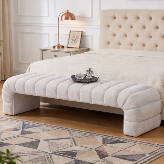 HIUU 70"White Bench for Bedroom,Bed Benches for Foot of Bed with Streamline Design,Fabric Ottoman Bench with Soft Teddy Fabric,Modern Bedroom Benches for Living Room and Bedroom, Entryway