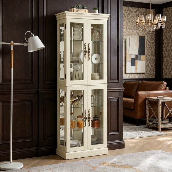 HIUU 71"H White Curio Display Cabinet with LED Lights,Tall Narrow Storage Cabinet with Glass Doors,Wooden Display Case for Living Room, Kitchen