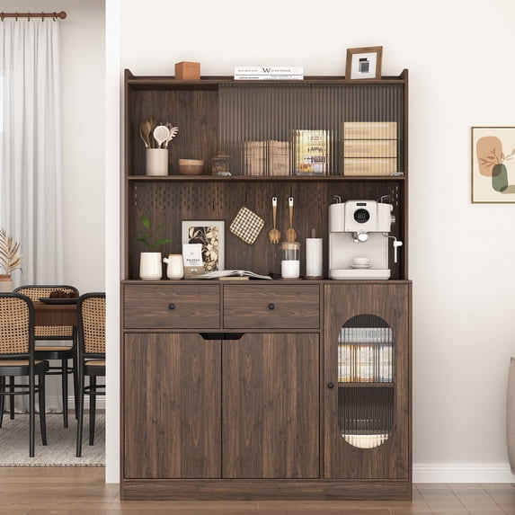 HIUU 71''Tall Freestanding Tall Pantry Cabinet with Drawers, Cabinet with Microwave Stand and Charge Station for Living Room,Kitchen (Walnut)