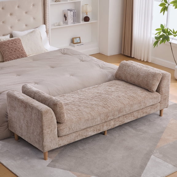 HIUU 83"Bench for End of Bed King Size Wheat,Sofa for Bedroom End of Bed,Chenille Chaise Lounge with Armrests, Extra Wide Bench for Living Room