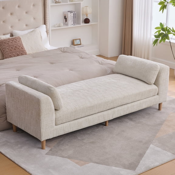HIUU 83"End of Bed Bench King Size Beige, Bench for Bedroom End of Bed Sofa Sleeper,Chenille Chaise Lounge with Armrests, Upholstered Bench for Living Room