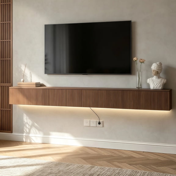 HIUU 86.6" Natural Wood Floating TV Stand with 16 Color LED Light,Modern TV Stand with Storage,Wooden Farmhouse TV Cabinet for 55 60 65 Inch TV for Living Room