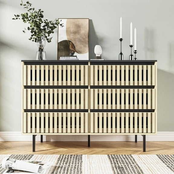 HIUU Beige Modern Rattan Shape Sideboard with 6 Drawers for Living Room, Entryway, Hallway