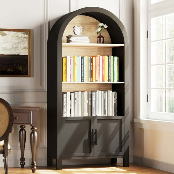 HIUU Black Arched Bookcase,Wooden 3 Tier Bookshelf,Rounded Black Bookshelf,Arched Kitchen Pantry Cabinet,Tall Display Cabinet for Living Room,Dining Room