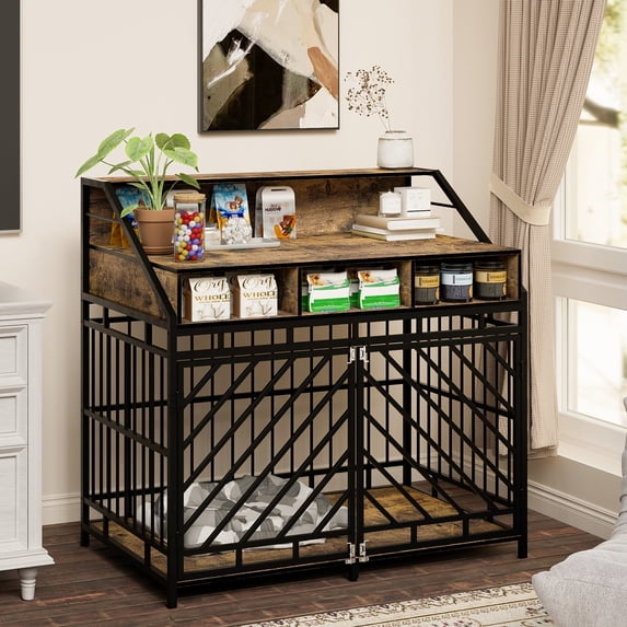 HIUU Brown Wooden Dog Crate - Industrial Style with Large Storage Table and Double Storage Table, Suitable for Medium-Sized Dogs.