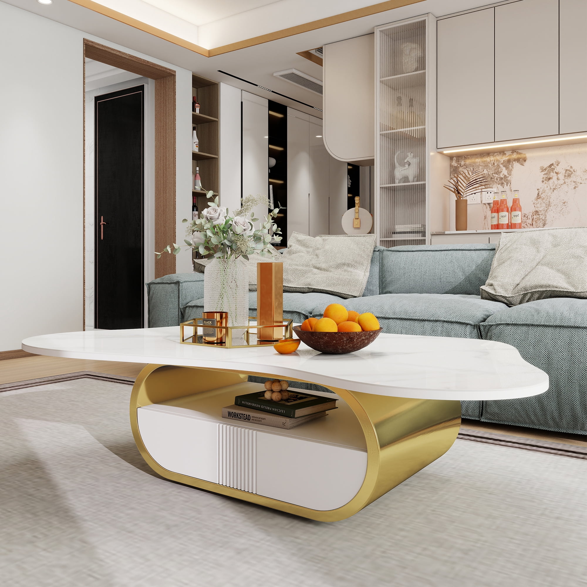 HIUU Cloud Coffee Table with Sintered Stone Top,White Marble Coffee Table with Storage Shelf & Drawer, Stainless Steel Base(Grey+White)