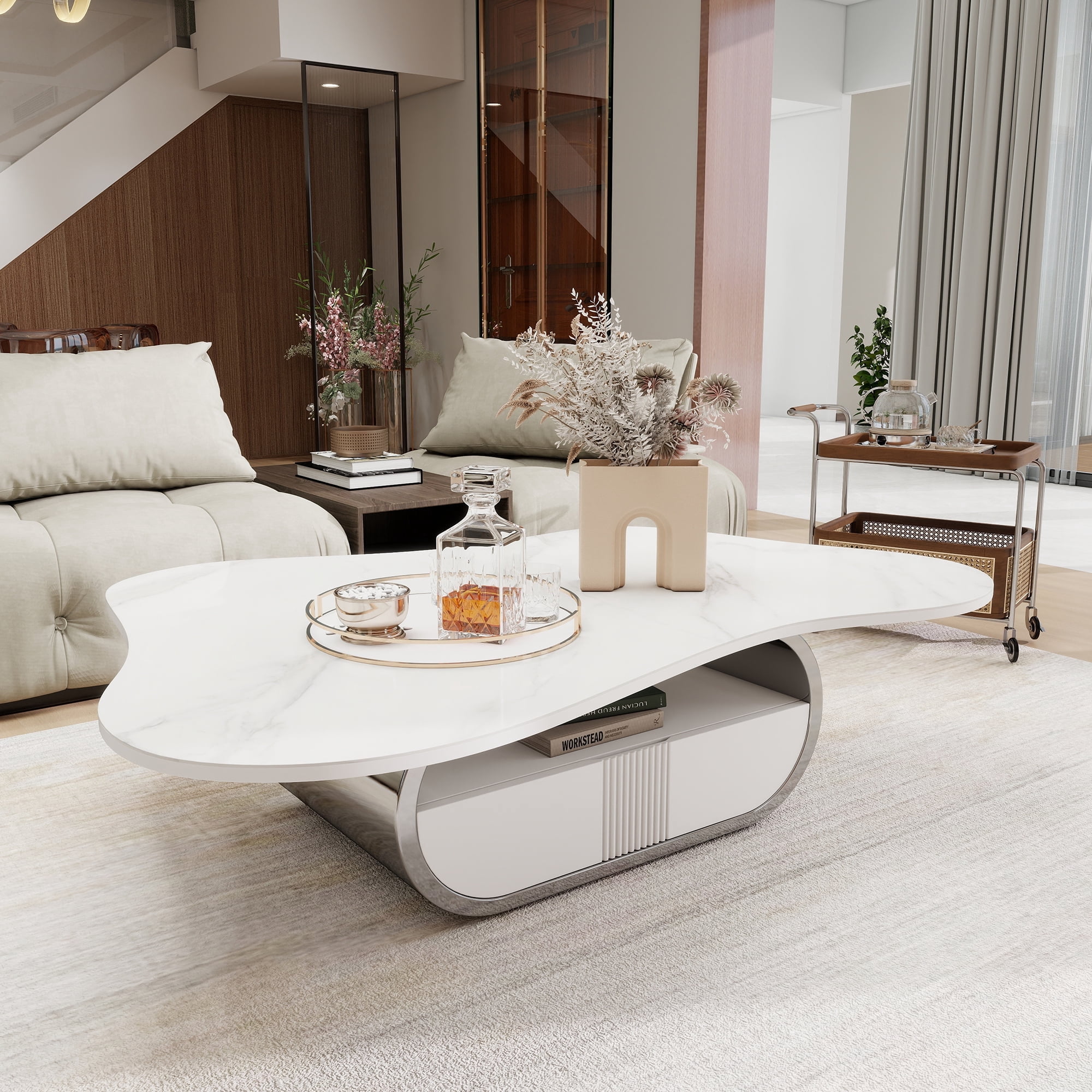 HIUU Cloud Coffee Table with Sintered Stone Top,White Marble