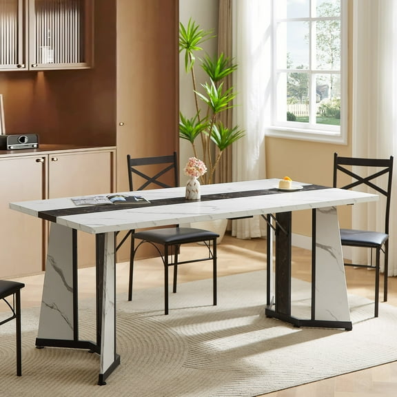 HIUU Dining Room Table Set for 6,Rectangle Kitchen Dining Table Set for 6 with Adjustable Legs for Kitchen(White+Black)