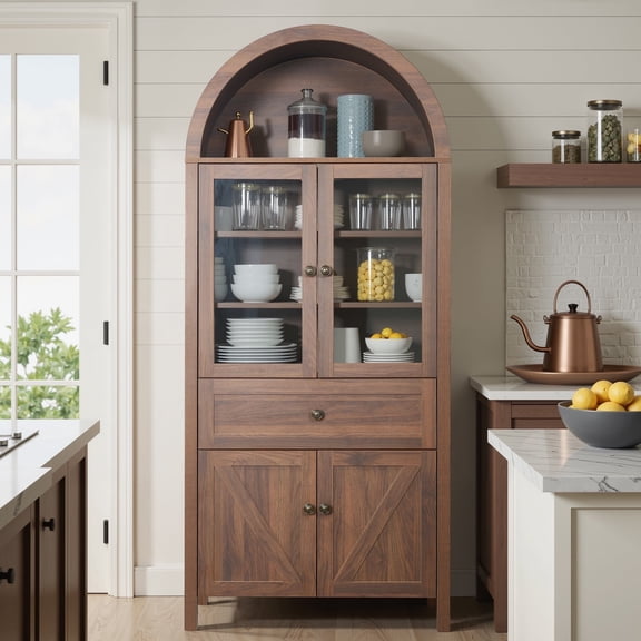 HIUU Farmhouse Kitchen Pantry Storage Cabinet,Arched Pantry Cabinet with Doors and Drawers,China Cabinets with Glass Doors,Dining Room Hutch(Walnut Brown)