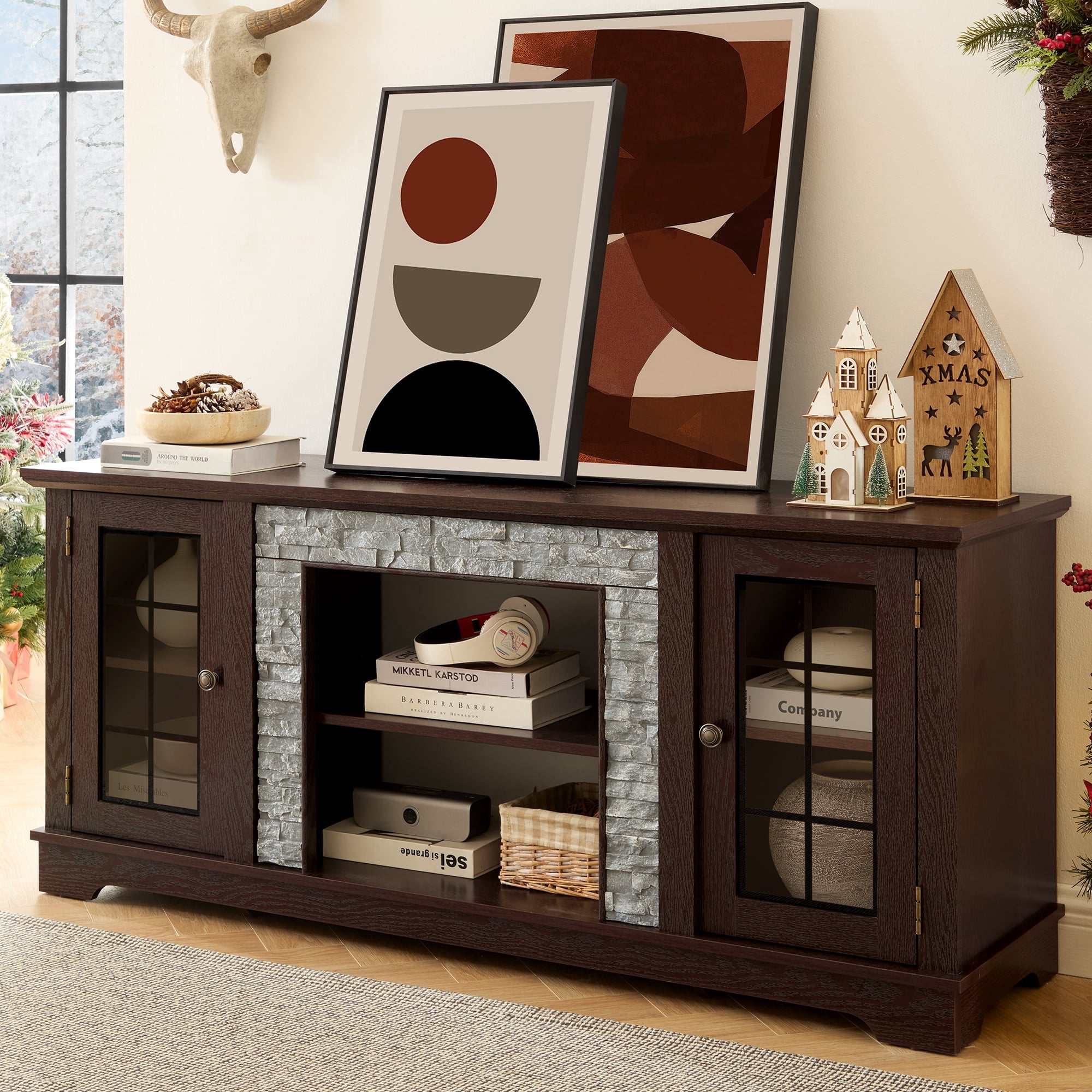 HIUU Farmhouse TV Stand with Storage,Modern TV Consoles for Living Room,Entertainment Stand,Faux Stone Entertainment Center for 65 Inch TVs(Cherry)