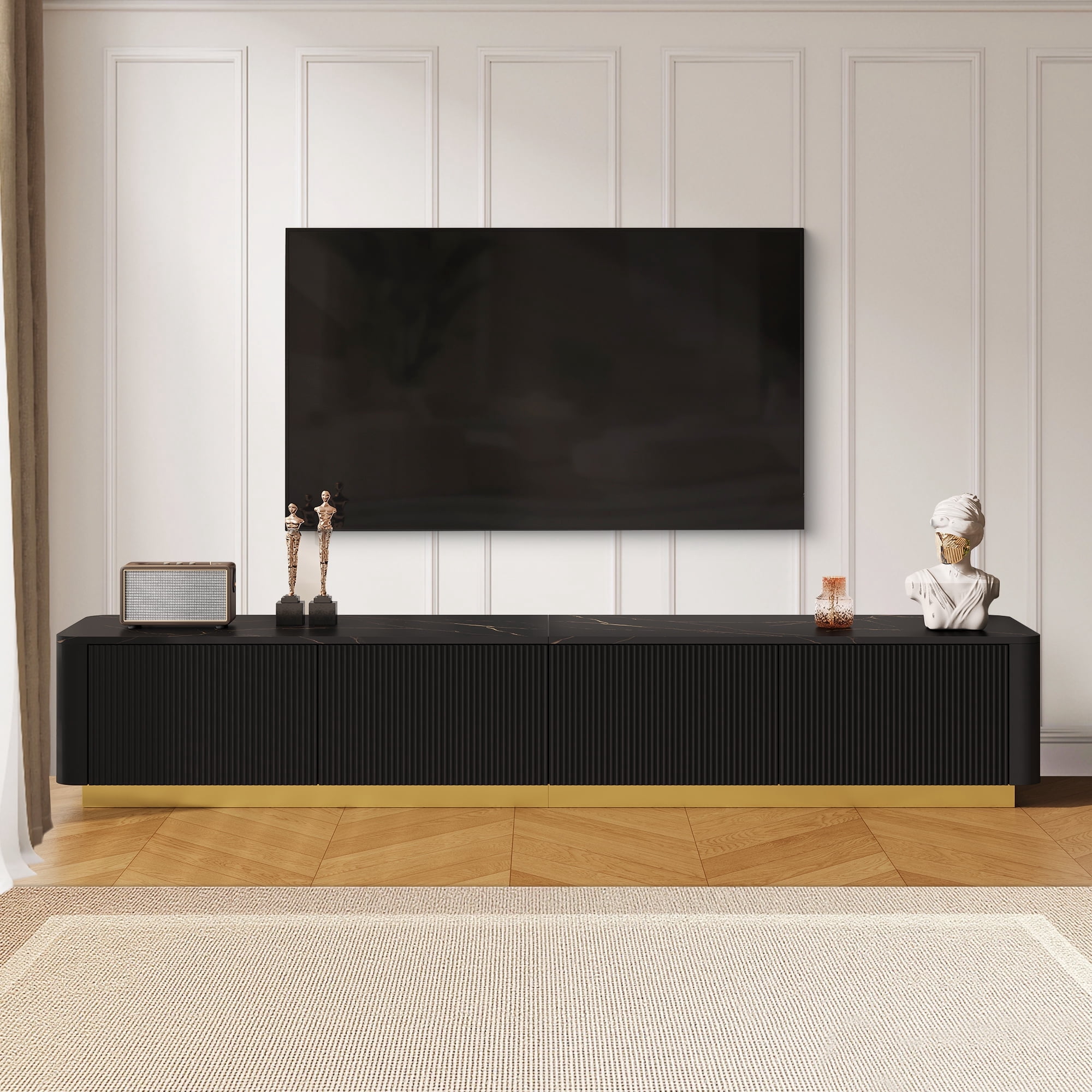 HIUU Fluted TVs Console with Storage for TVs Up to 85",Luxury TV Stand with Faux Marble Table Top,Marble TV Stand Modern,Black Entertainment Center with Gold Base