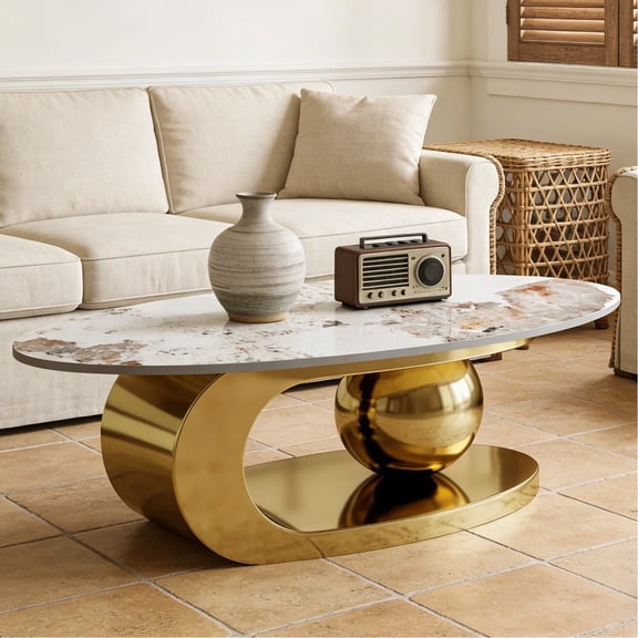 HIUU Gold Modern Coffee Tables,Faux Marble Coffee Table49.2",Coffee Tables Oval with Artistic Design Stainless Steel Base,Luxury Coffee Table for Living Room
