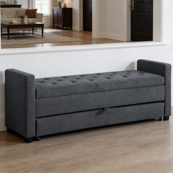 HIUU Gray Ottoman with Storage,Boucle End of Bed Bench with Double Storage Space,Napped Fabric End of Bed Bench Queen Size With Rolled Armrest For Living Room,Entryway,Dormitory