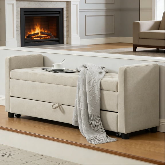 HIUU Gray Ottoman with Storage,Boucle End of Bed Bench with Double Storage Space,Napped Fabric End of Bed Bench Queen Size With Rolled Armrest For Living Room,Entryway,Dormitory