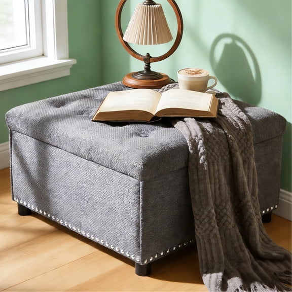 HIUU Light Gray Cube Storage Ottoman with Reversible Tray Top,Upholstered Ottoman Coffee Table with Nailhead Trim Design,Plush Fabric Ottoman,Home Decor Foot Rest for Living Room