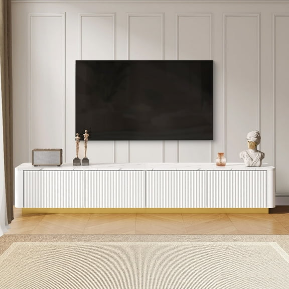 HIUU Luxury TV Stand with Faux Marble Table Top,Marble TV Stand Modern,Fluted TVs Console with Storage for TVs Up to 85",White Entertainment Center with Gold Base