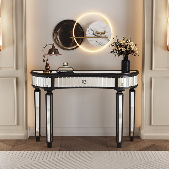 HIUU Mirrored Console Table,Mirrored Entryway Table,Half Moon Console Tables with Fluted Glass & Crystal Knob Drawer for Bedroom/Dressing Room(Black+Sliver)