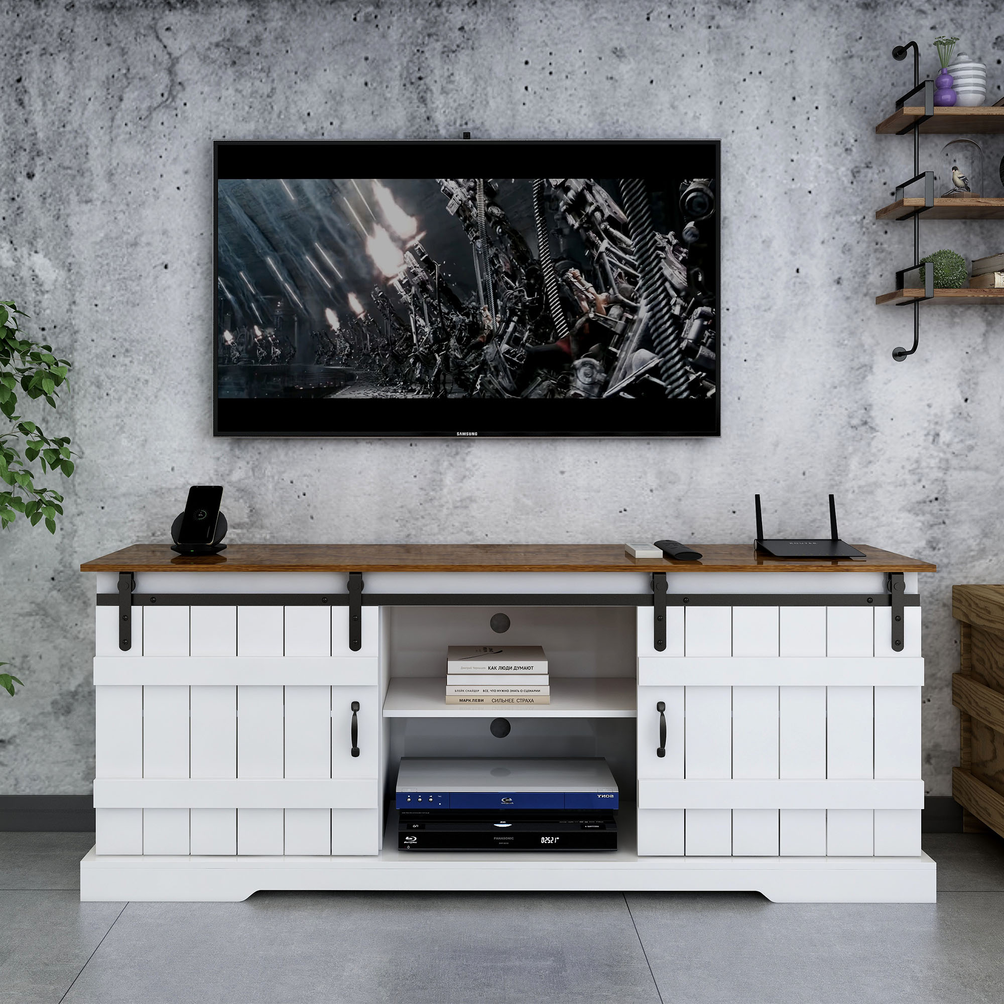 HIUU Modern Barn Door TV Stand with Storage,Tall TV Stand for Living