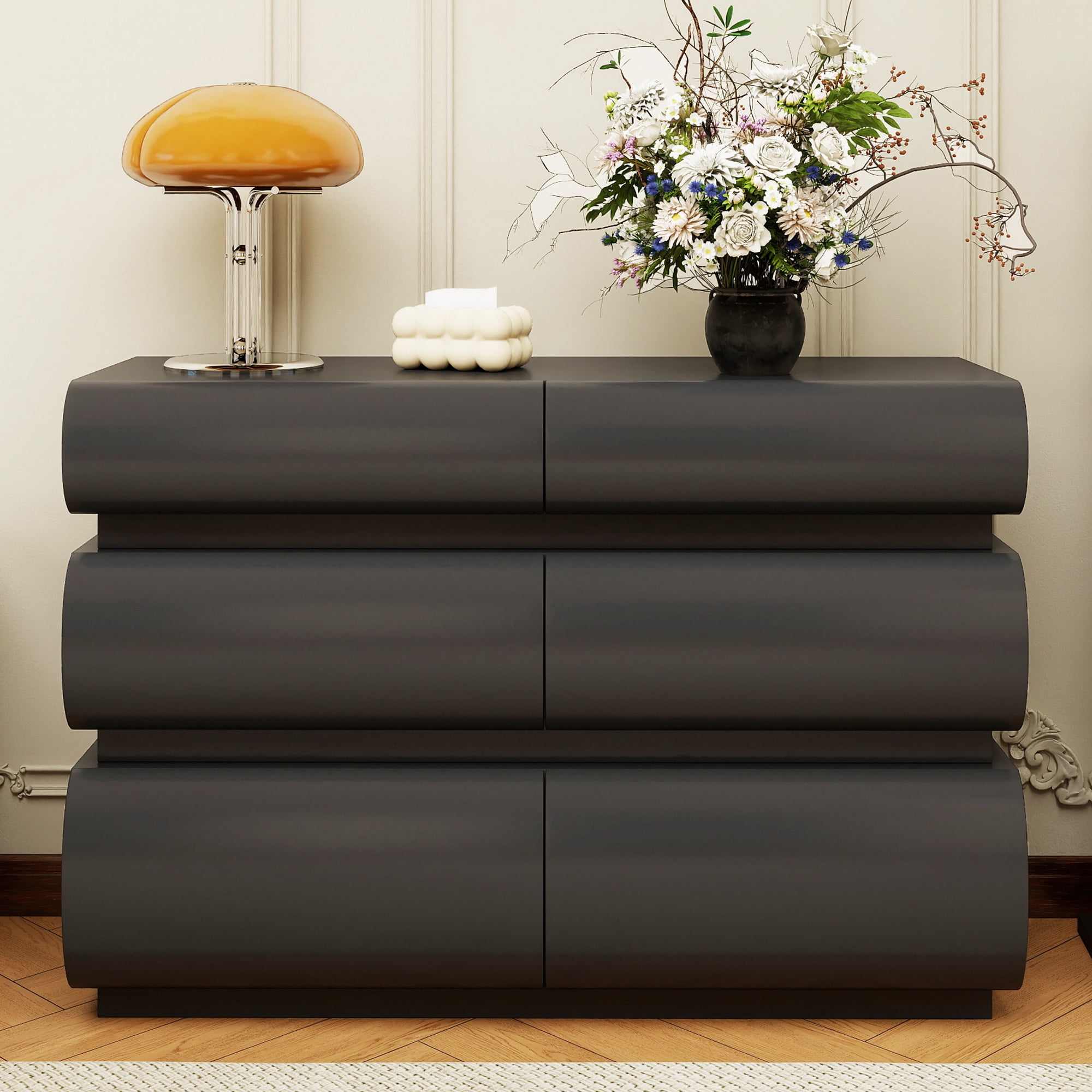 HIUU Modern dressers & chests of drawers with 6 Drawers,Dresser Cabinet Clothes Storage for Bedroom, Wooden Cabinet Dressers Drawers with Spacious Tabletop,Black