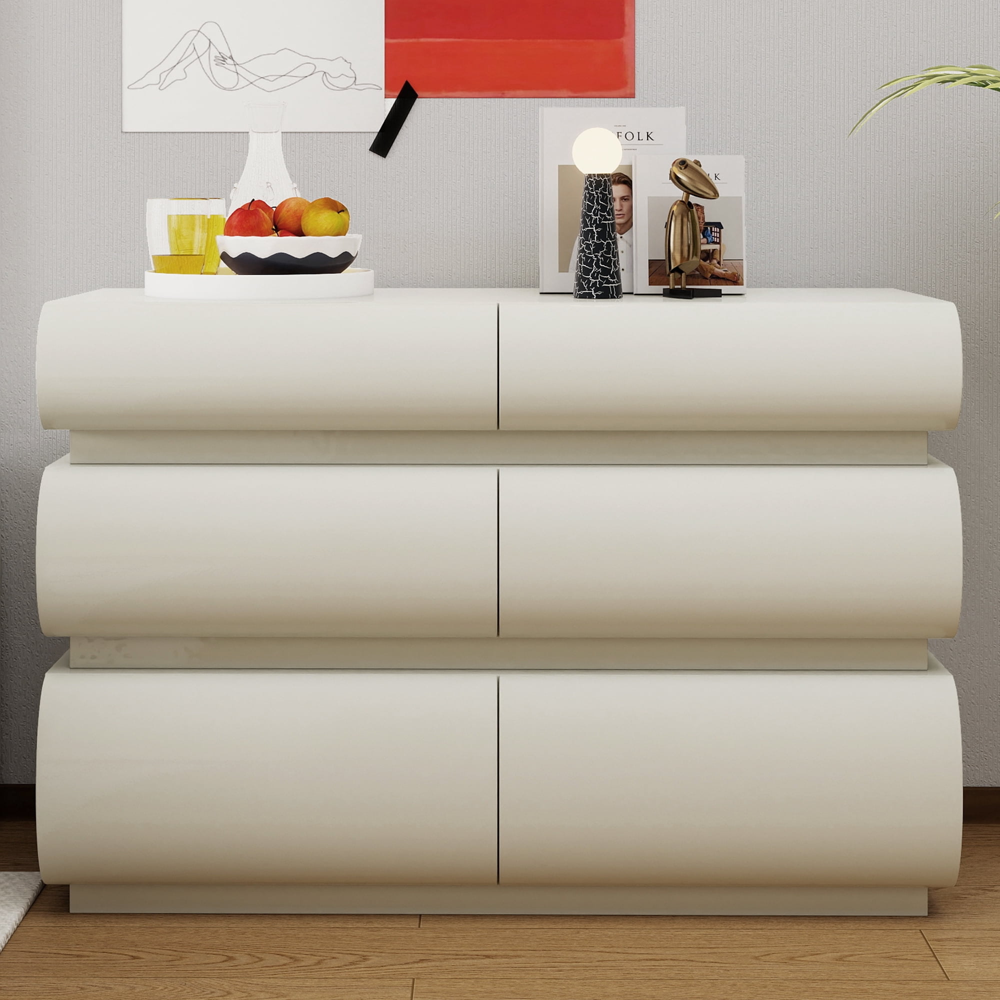 HIUU Modern dressers & chests of drawers with 6 Drawers, Dresser Cabinet Clothes Storage for Bedroom, Wooden Dressers Drawers with Spacious Tabletop（White）
