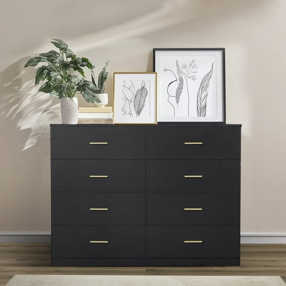 HIUU Modren 8 Drawers Dresser,47 Inch Wide Wood Dressers & Chest of Drawers Gold handle for Living Room, Bedroom, Hallway, Closet, Office, Black