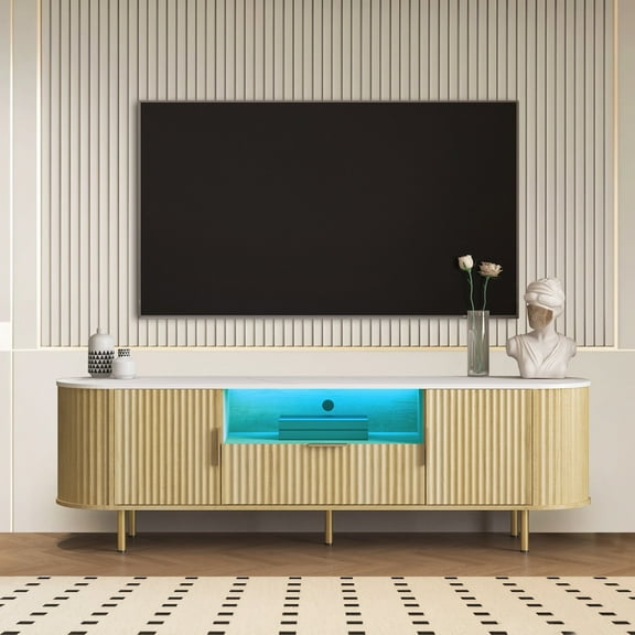 HIUU Oak TV Stand Up to 75 ",Fluted TV Console Cabinet,Farmhouse Curved Round TV Cabinet,Light Wood TVs Entertainment Center,Mid Century Modern TVs Credenza,Media Console with Storage,Living Room