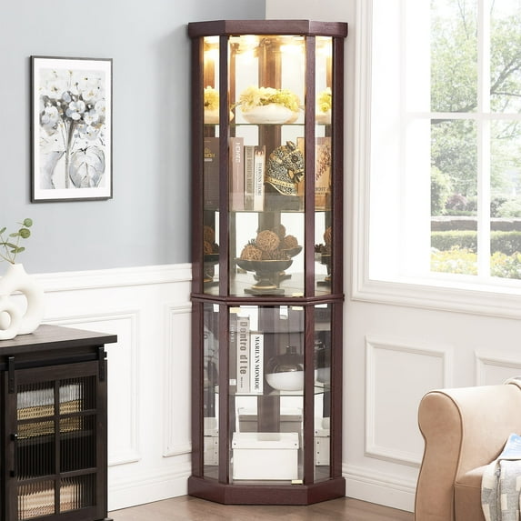 HIUU Reddish Corner Cabinet with Glass Door and Lighting, Wood Display Cabinet Corner with 5 Cabinet for Living Room, Cabinet for Wine and Antique Storage,Brown