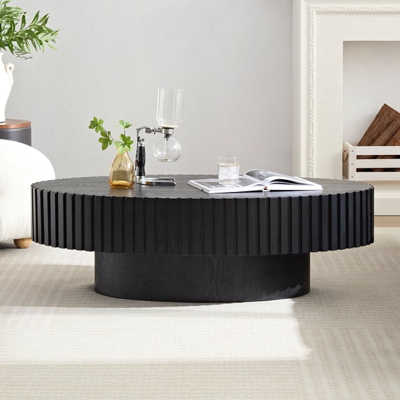 HIUU Round Coffee Table for Living Room (Matt Black),Fluted Coffee Table