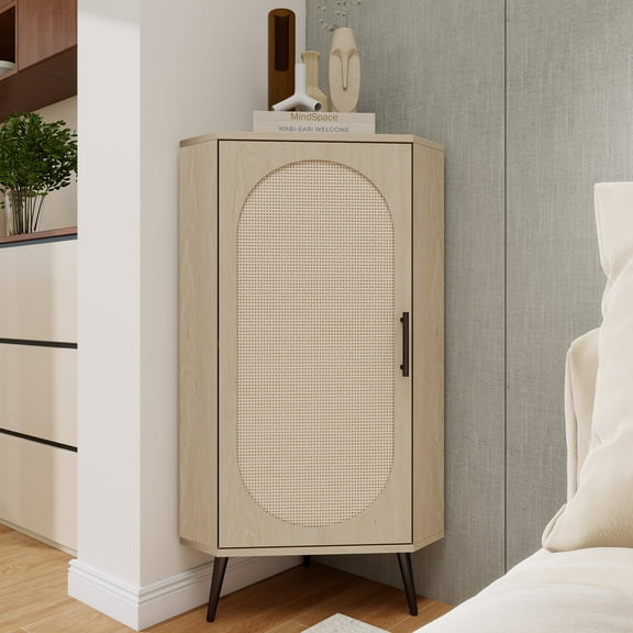 HIUU Small Corner Cabinet with Rattan Doors,Slim Bathroom Storage Cabinet,Freestanding Corner Table with Storage(Natural)