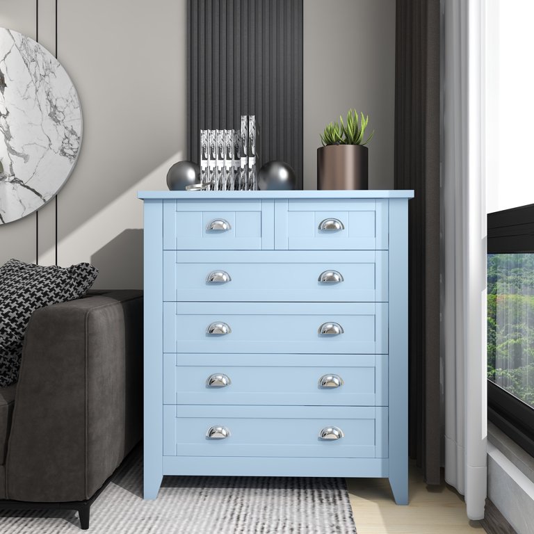 blue dresser walmart HIUU Tall Chest of Drawers for Bedroom,Blue 6 Drawer Dresser,Retro Dressers  & chests of drawers with Shell Handles