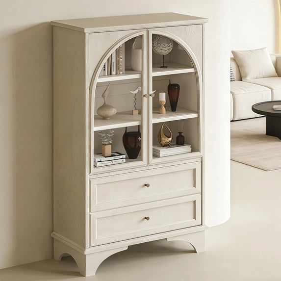 HIUU Tall White Storage Cabinet with 2 Drawers and Adjustable Shelf,52 Inch Tall Storage Cabinet with Glass Door,Modern Bookcase with Spacious Storage Solutions,Wood Pantry Cabinet for Living Room