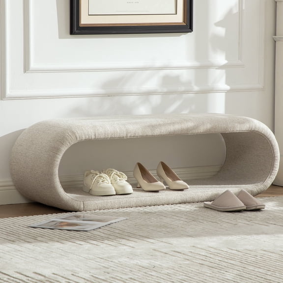 HIUU Upholstered Entryway Loop Bench,Sculptural Oval Bench for Shoe Entryway Bench,Window Benches Seat with Iron Frame,Modern End of Bed Benches for Living Room,Bedroom(Wheat)
