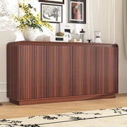 HIUU Walnut Sideboard Buffet Cabinet,4 Door Buffet Cabinet with Power Outlet and Adjustable 3-Tier Particle Board,Fluted Sideboard Cabinets,Wood Storage Cabinets for Living Room
