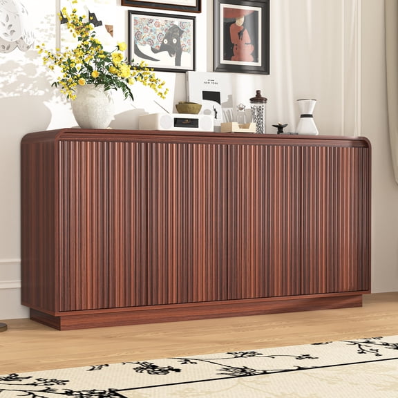 HIUU Walnut Sideboard Buffet Cabinet,4 Door Buffet Cabinet with Power Outlet and Adjustable 3-Tier Particle Board,Fluted Sideboard Cabinets,Wood Storage Cabinets for Living Room
