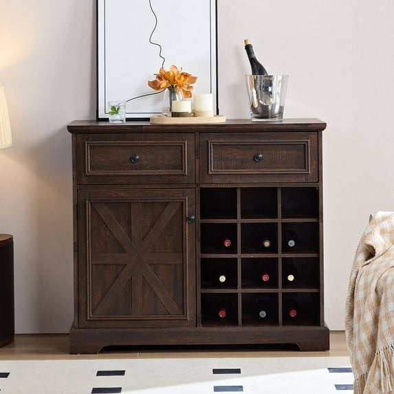 HIUU Walnut Wine Bar Buffet Cabinet Storage for Kitchen, Living Room, Entryway
