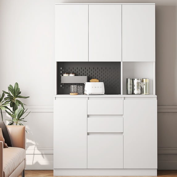 HIUU White Buffet Cabinet Storage with Drawers - Kitchen Pantry Cabinet with Microwave Stand and Charge Station, Tall Cabinet for Living room, Dining room.