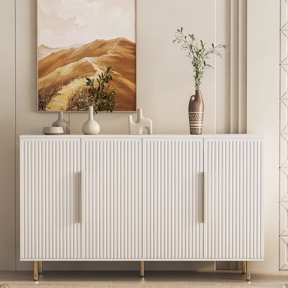 HIUU White Fluted Buffet Cabinet with Storage - 4 Cabinets and Spacious Table Top, Modern Cabinet for Living Room.