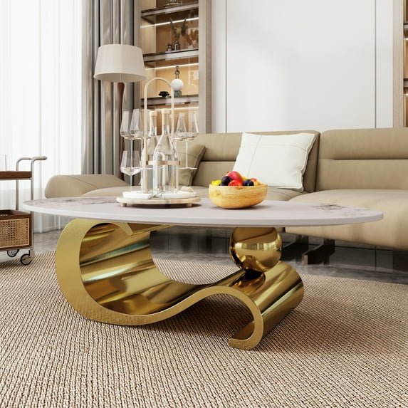 HIUU White Marble Coffee Table for Living Room,Oval Coffee Table with Gold Stainless Steel Base for Living Room