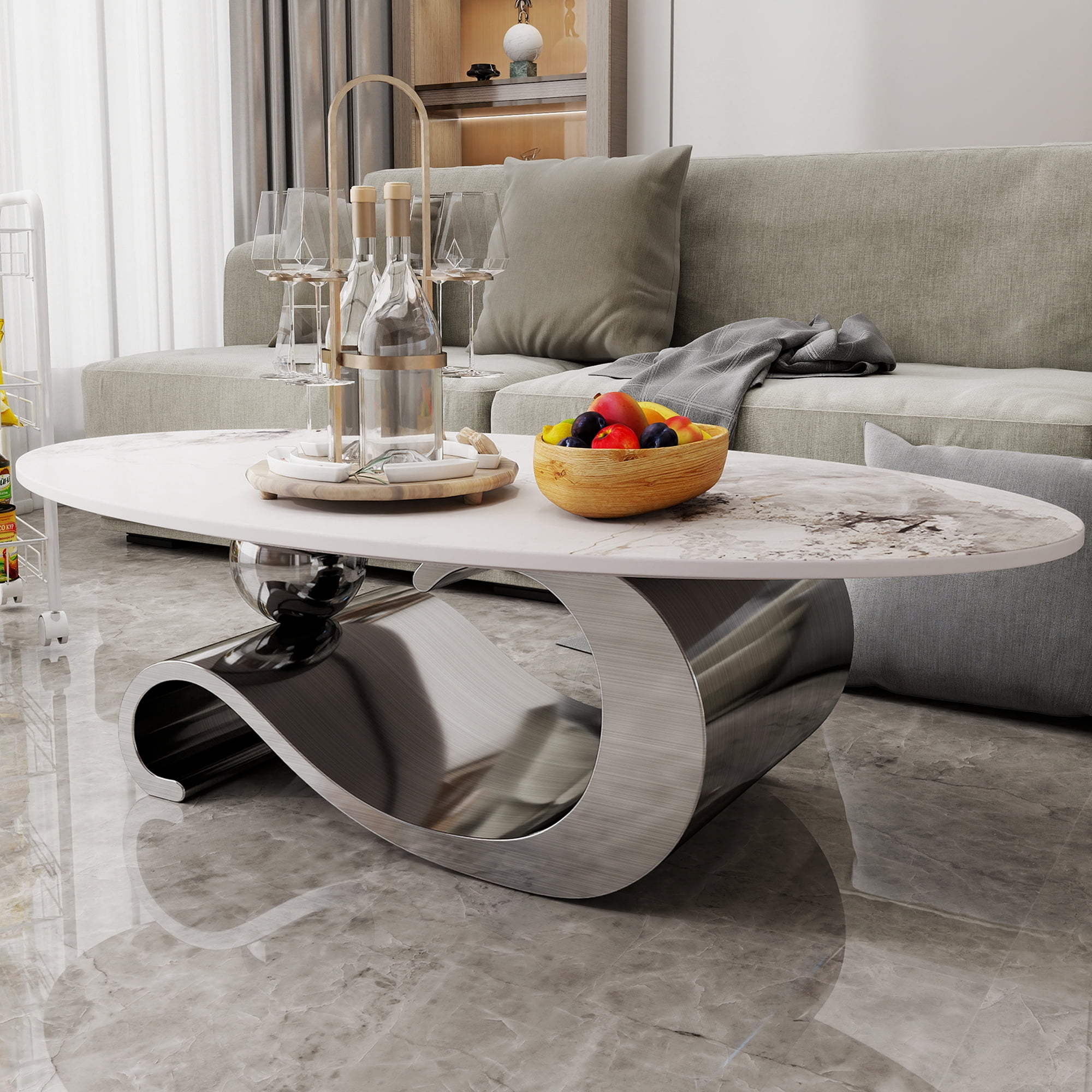 HIUU White Marble Coffee Table for Living Room,Oval Coffee Table with Grey Stainless Steel Base for Living Room