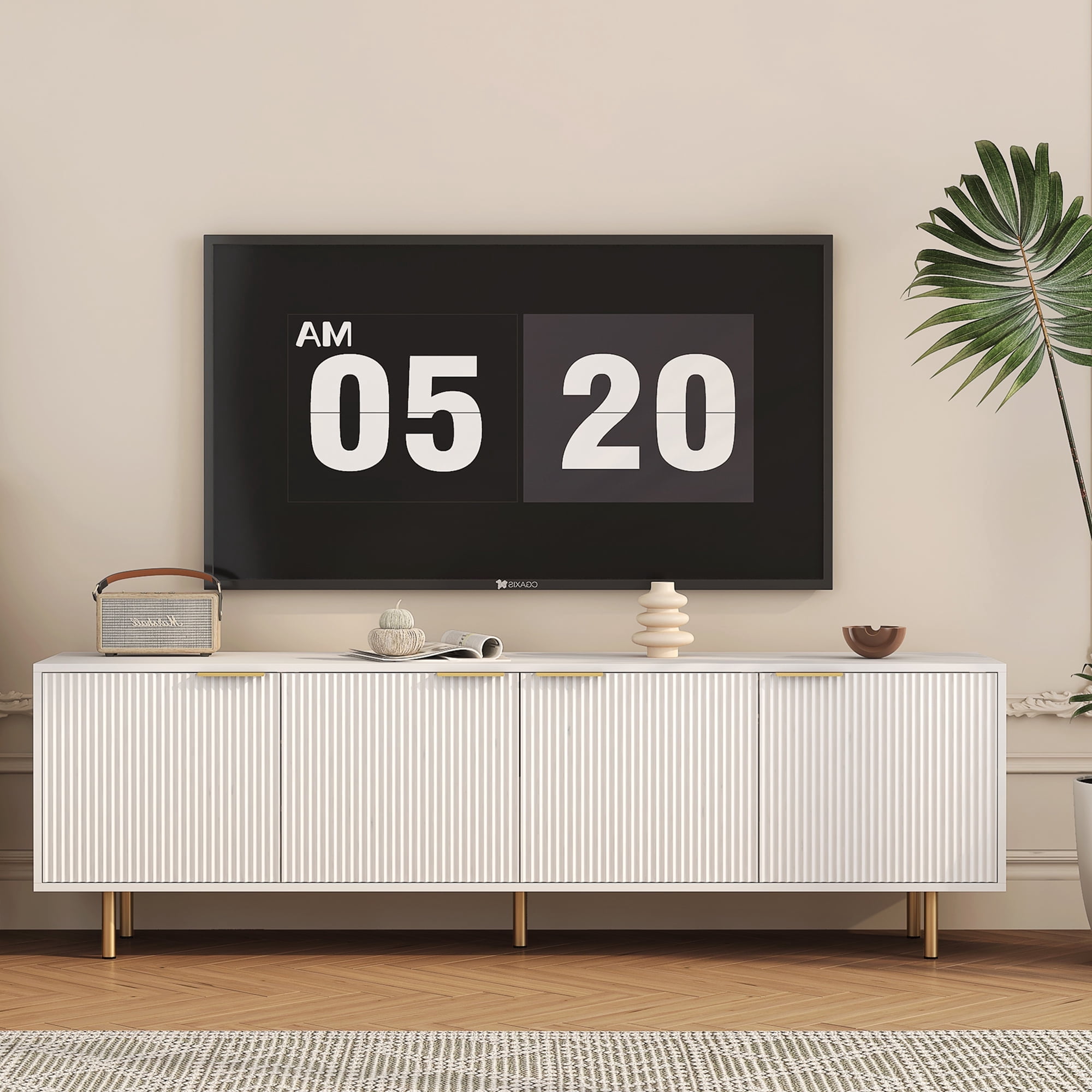 HIUU White Modern Fluted TV Stands for Living Room, Entertainment Center with 4 Doors Cabinet Storage,Console Table Metal Adjustable Legs for 65''TV