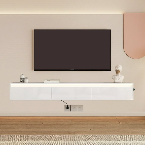 HIUU White floating TV Stand Wall Mounted,Floating TV Console Modern,Under TV Cabinet with Led Lights & Power Outlet