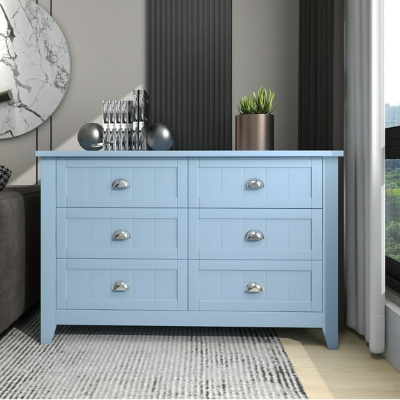 HIUU Wood 6 Drawer Dresser,Mid Century Modern Chest of Drawers for Living Room,Antique Blue Dressers with Shell Handle
