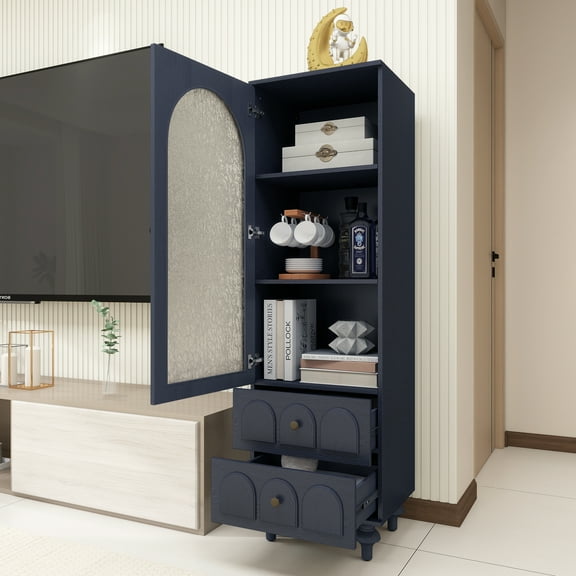 HIUU Wood Cabinets for Storage with Glass Doors,Blue Storage Cabinet with Two Drawers & Adjustable Shelf,Tall Narrow Bathroom Cabinet for Living Room, Bedroom, Kitchen