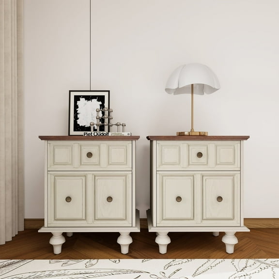 HIUU Wooden Nightstand Set of 2,Farmhouse Nightstand with Drawers,Storage End Table Bedroom,Bedside Table with drawers for Living Room,Bedside Cabinet,Vintage Night Stand,Antique White