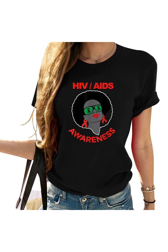 HIV AIDS Awareness T-Shirt Red Ribbon Support Graphic Tee Afro Woman Empowerment Apparel Retro Style Short Sleeve Top